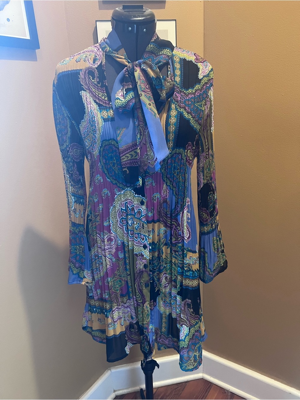 Allison Taylor Long-Sleeve Paisley Tie-Neck Dress in Blue, Purple and Gold